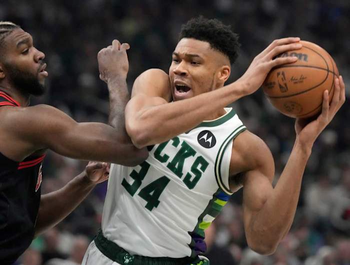 Bucks forward Giannis Antetokounmpo makes a move against the Bulls' Patrick Williams in the first half on Sunday. Mjs Bucks18 1 Jpg Bucks18